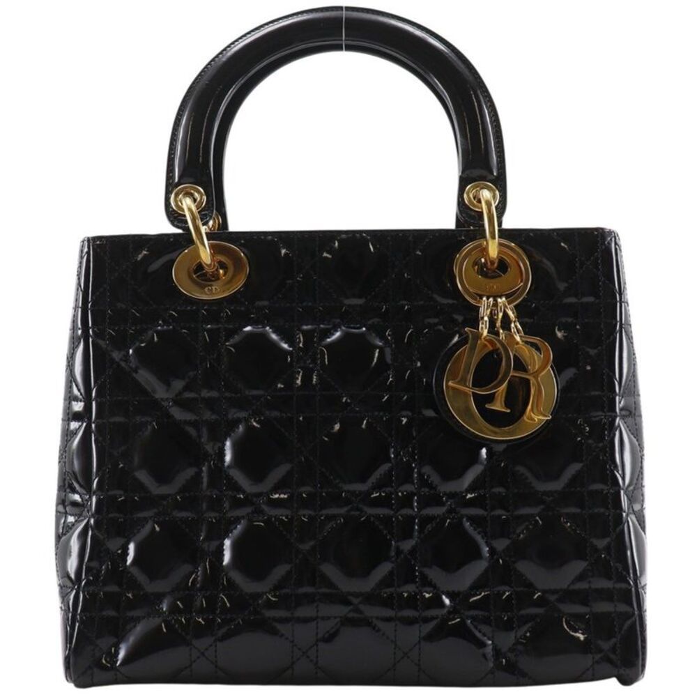 Christian Dior Lady Dior Nm Cannage Quilt Patent Black Patent_Leather Tote Bag
